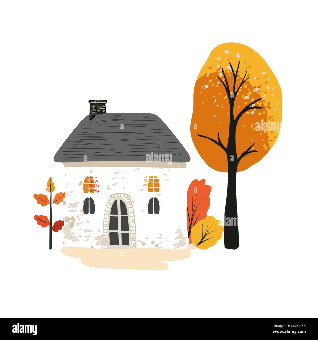 Casa bianca da favola con tetto in paglia in semplice stile minimalista, legno giallo su sfondo bianco. Cartolina e poster. Carta da imballaggio e tessuti Illustrazione Vettoriale