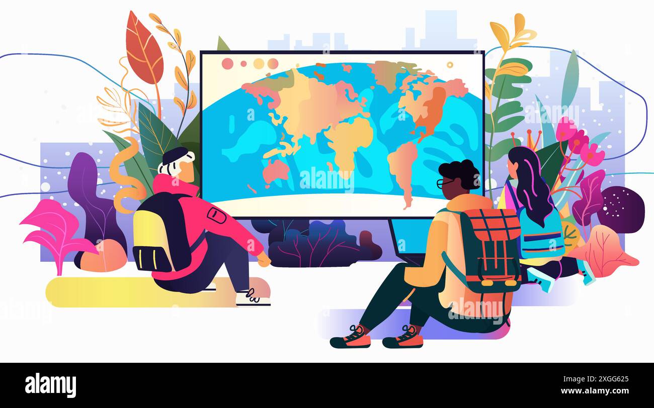 Gruppo di persone che studiano mappa del mondo educazione della comunità all'aperto imparare piante colorate paesaggio urbano background Illustrazione Vettoriale