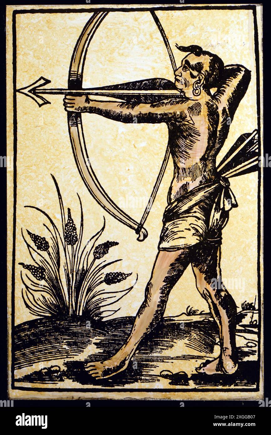 Geografia / viaggi, India, persone, uomo con arco e freccia, xilografie colorate, da: Balthasar Sprenger, ADDITIONAL-RIGHTS-CLEARANCE-INFO-NOT-AVAILABLE Foto Stock