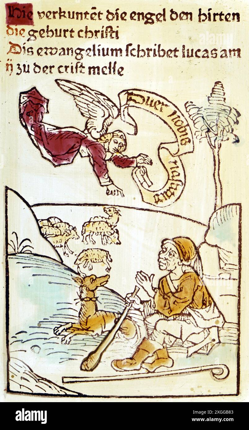 Natale, immagini religiose, annuncio ai pastori, xilografie colorate, DIRITTI-AGGIUNTIVI-CLEARANCE-INFO-NON-DISPONIBILI Foto Stock