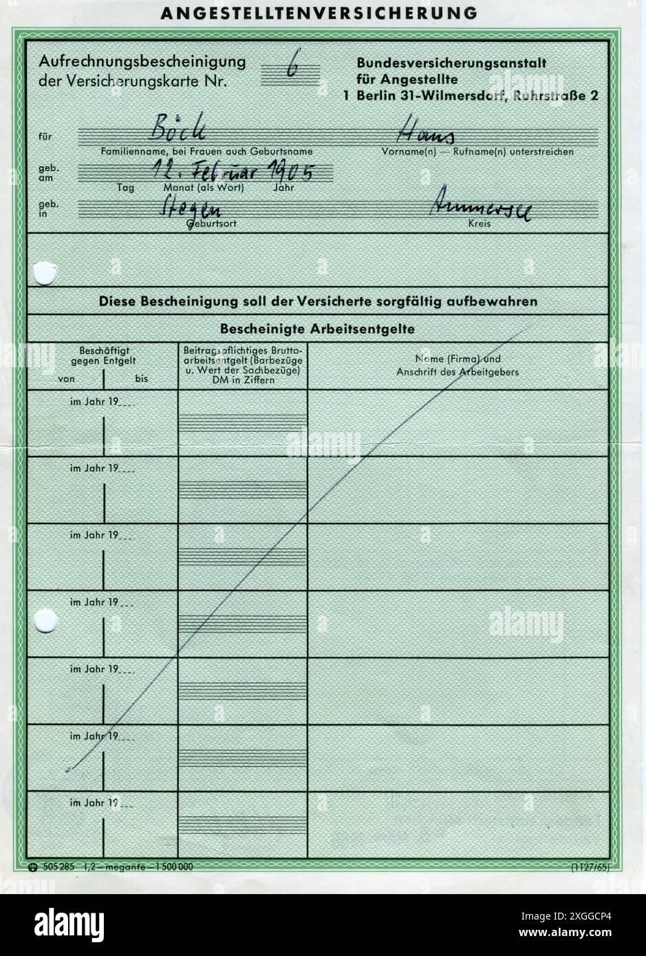 Politica, politica sociale, fondo di assicurazione pensioni, documenti, AUTORIZZAZIONE-SUPPLEMENTARE-INFO-NON-DISPONIBILI Foto Stock