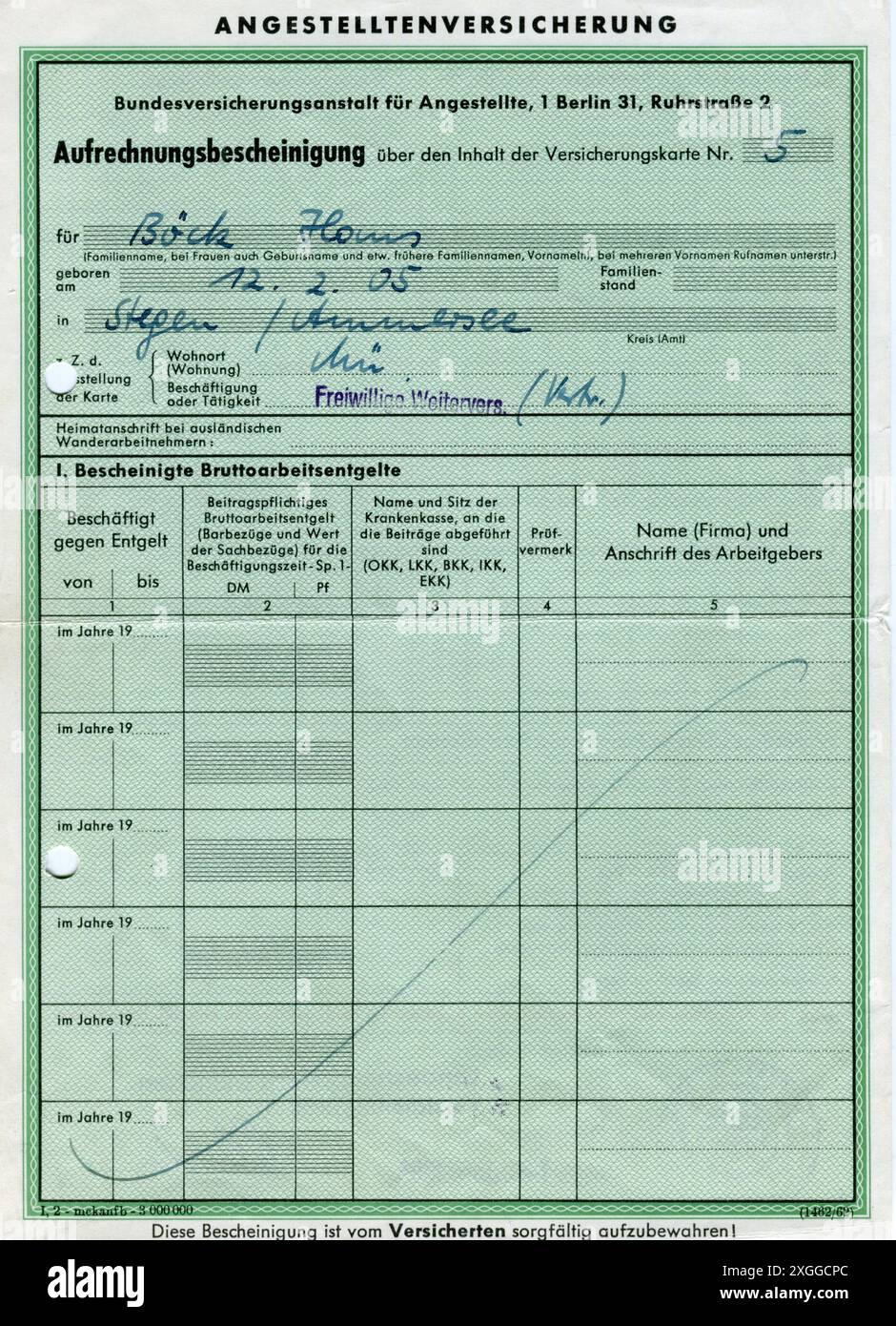 Politica, politica sociale, fondo di assicurazione pensioni, documenti, AUTORIZZAZIONE-SUPPLEMENTARE-INFO-NON-DISPONIBILI Foto Stock