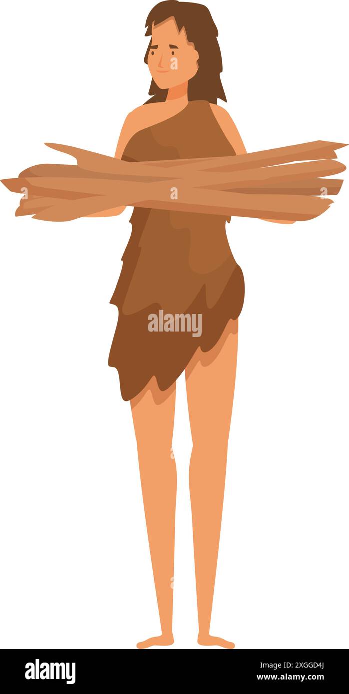 Una donna preistorica porta la legna, pronta a dare fuoco Illustrazione Vettoriale