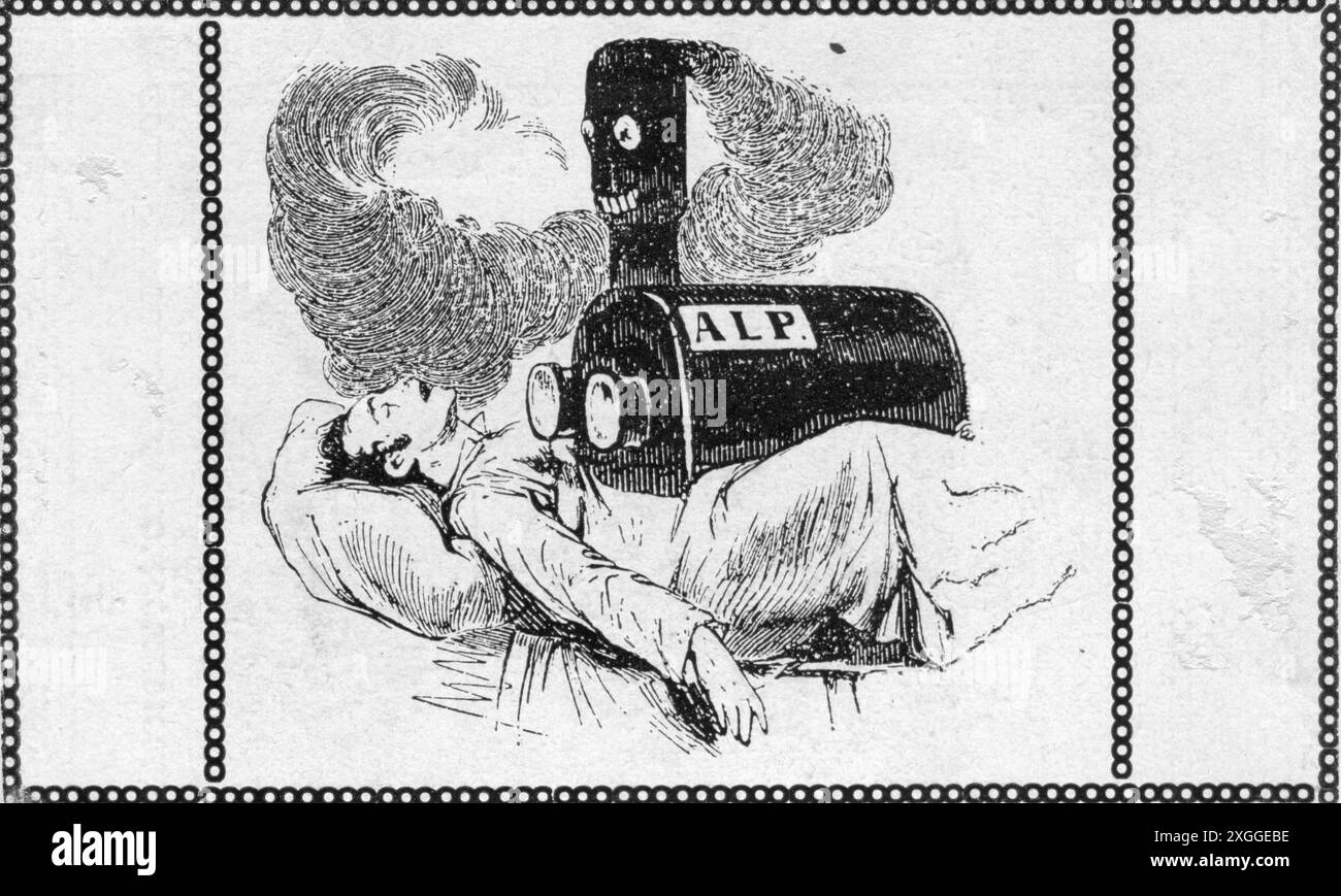 Trasporti/trasporti, ferrovia, caricatura, ferrovia come incubo, disegno, 'Kladderadatsch', il COPYRIGHT DELL'ARTISTA NON DEVE ESSERE AUTORIZZATO Foto Stock