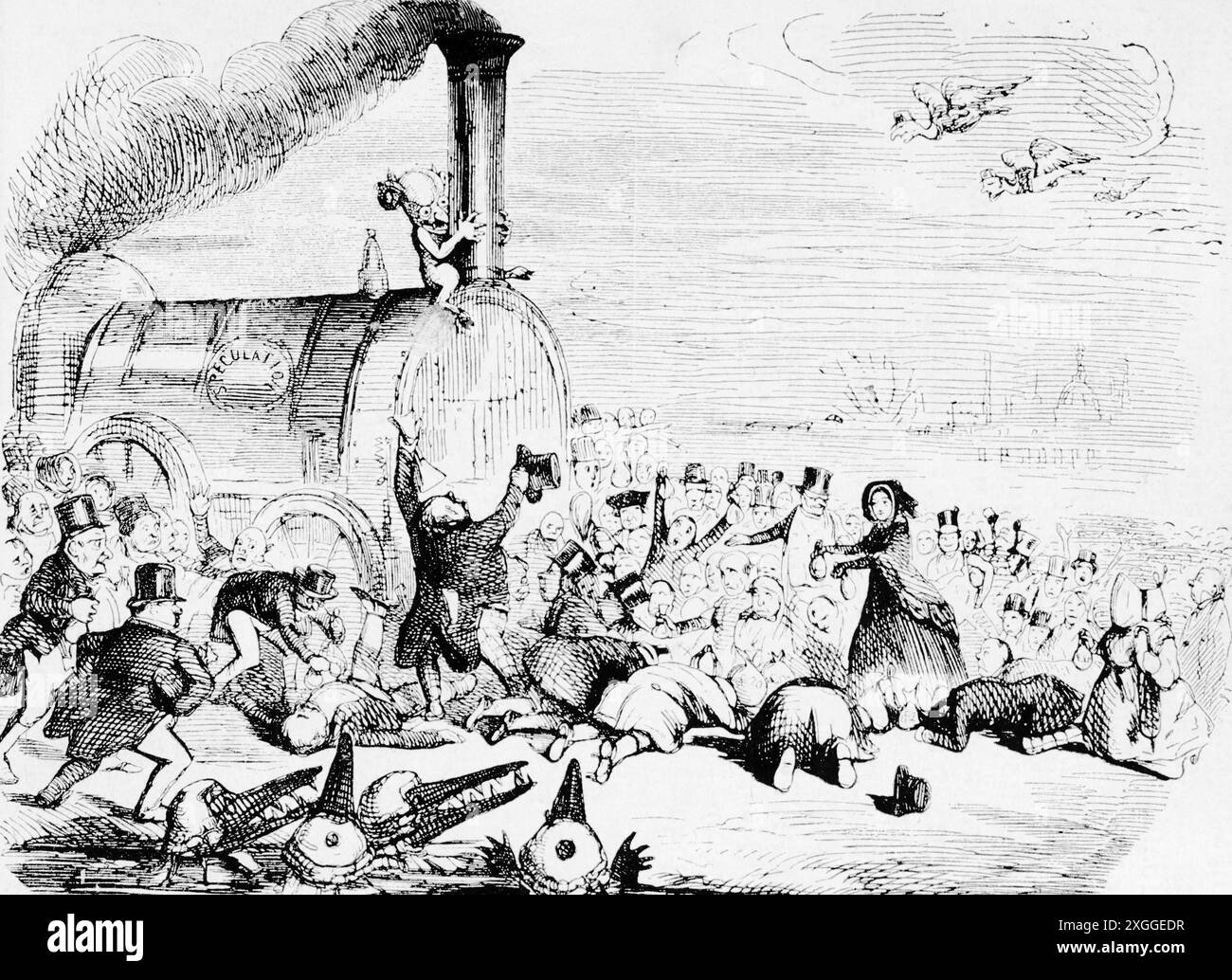 Trasporto / trasporto, ferrovia, caricatura, febbre ferroviaria, incisione del legno dopo il disegno, 'Punch', ULTERIORI DIRITTI-CLEARANCE-INFO-NON-DISPONIBILI Foto Stock