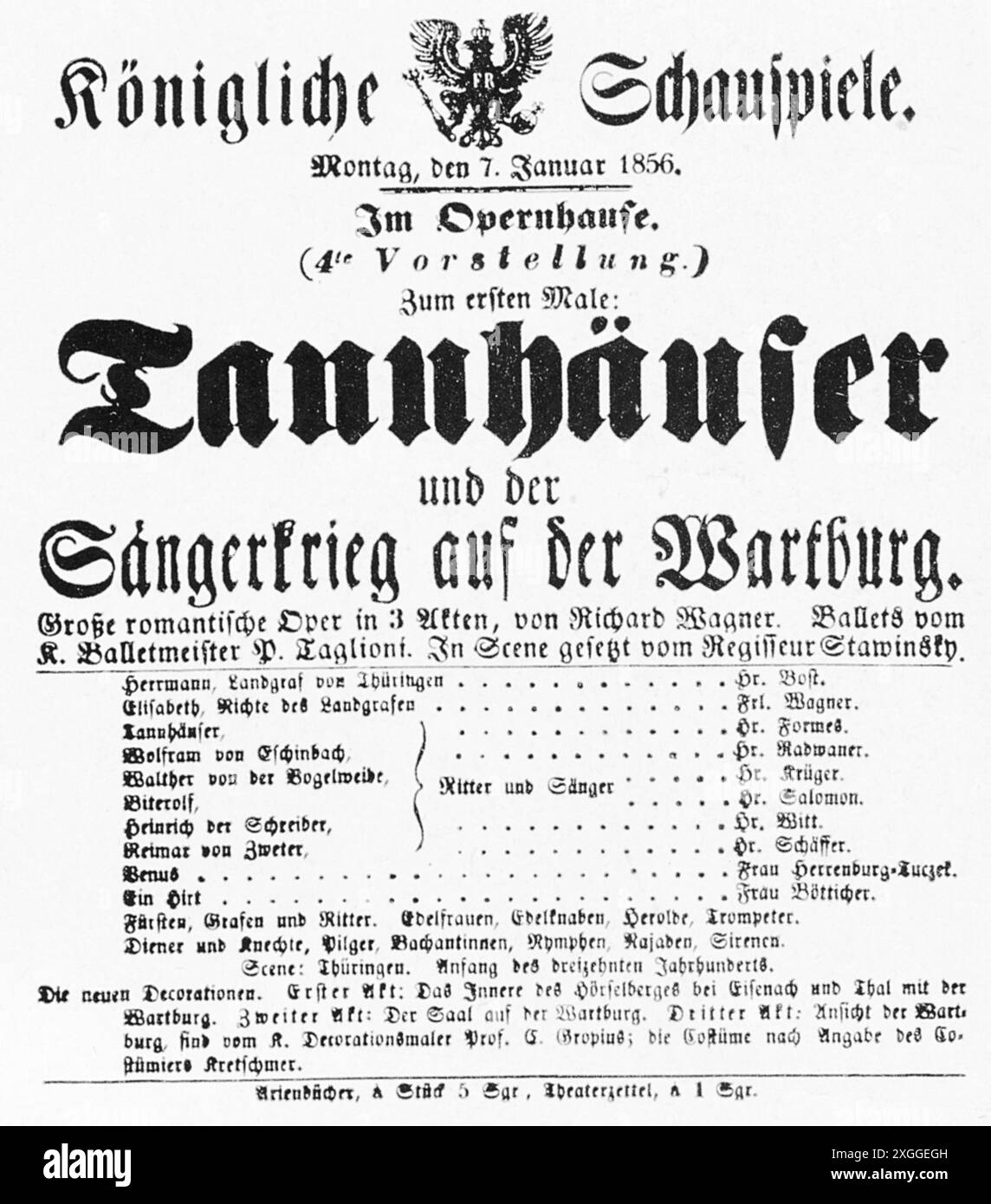 teatro/teatro, opera, "Tannhaeuser", di Richard Wagner, spettacolo teatrale, Royal Theatre, Berlino, 7,1.1856, ULTERIORI DIRITTI-CLEARANCE-INFO-NON-DISPONIBILI Foto Stock