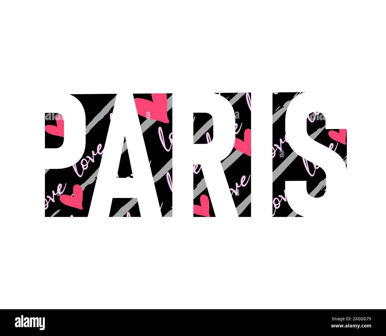 Parigi, stile tipografico moda t-shirt. Design con stampa vettoriale con lettere e cuore per l'arredamento della casa, le pareti, i vestiti, le scarpe e la borsa da donna Illustrazione Vettoriale
