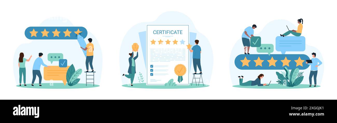 Modulo per la revisione dei clienti, il certificato e il sondaggio sulla soddisfazione dei clienti con feedback positivo. Le piccole persone disegnano cinque stelle con il marcatore, danno un'opinione sull'esperienza nell'illustrazione vettoriale dei commenti dei cartoni animati Illustrazione Vettoriale