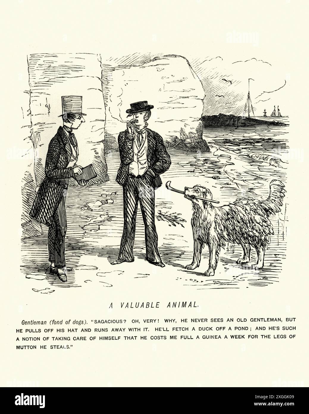 Cartone animato vittoriano di un uomo e del suo cane da compagnia indisciplinato. Diciannovesimo secolo, John Leech Foto Stock