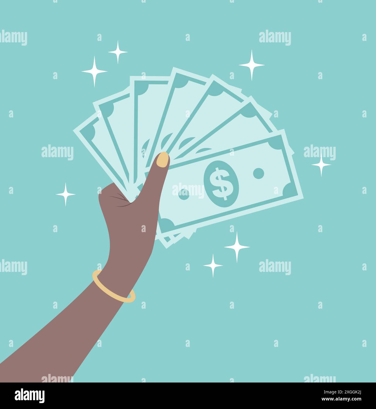 La mano di una donna nera regge banconote da un dollaro su sfondo verde. Illustrazione vettoriale in stile piatto Illustrazione Vettoriale La mano di una donna nera regge banconote da un dollaro su sfondo verde. Illustrazione vettoriale in stile piatto Illustrazione Vettoriale