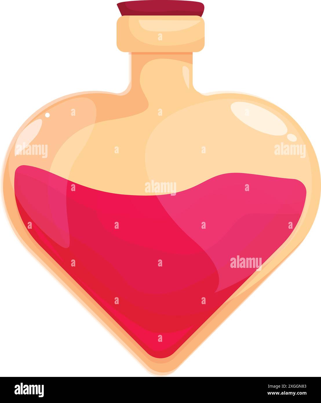 La bottiglia a forma di cuore contiene liquido rosa e attende di essere utilizzata per una pozione d'amore Illustrazione Vettoriale