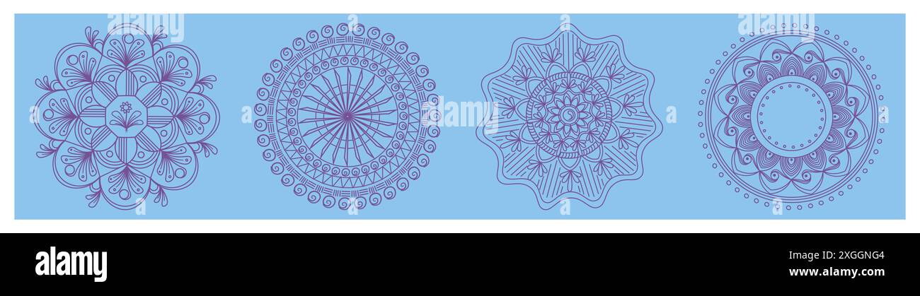 Set di 4 mandalas su sfondo colorato. Set di elementi di disegno circolari su sfondo blu Foto Stock