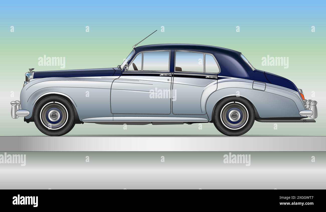 Regno Unito, anno 1955, modello Bentley S1, auto d'epoca, silhouette delineata su sfondo bianco, illustrazione colorata Foto Stock