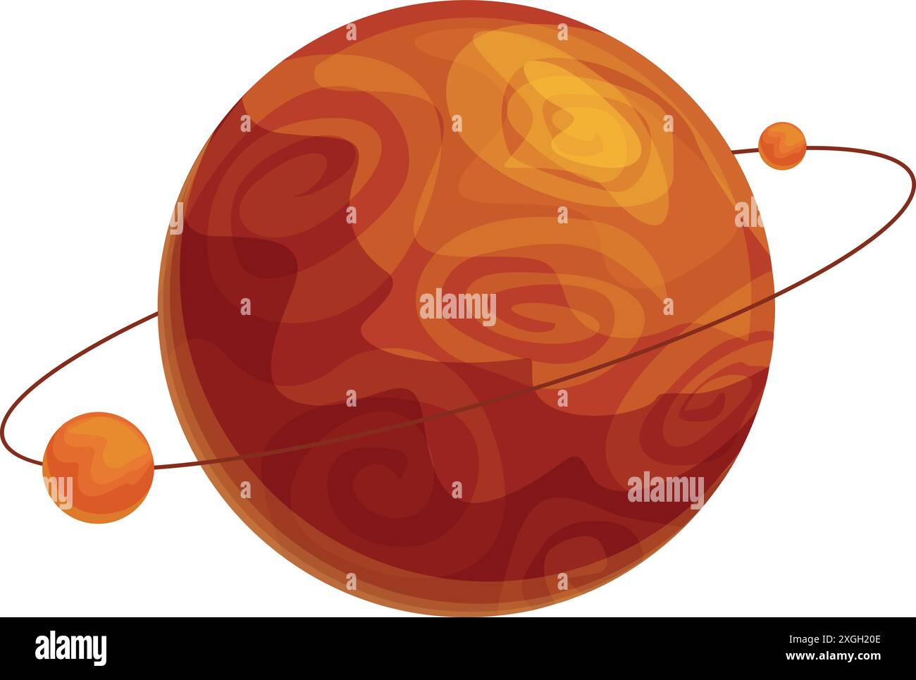 Pianeta rosso del sistema solare che ruota sul suo asse con due piccole lune orbitanti intorno Illustrazione Vettoriale