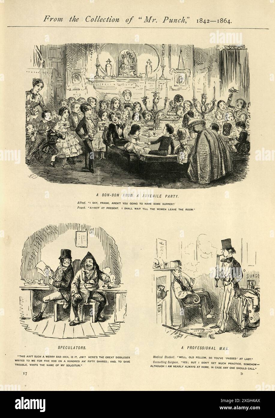 Cartoni animati vittoriani, festa di compleanno per bambini, speculatori, uomo professionale, di John Leech, anni '1850, XIX secolo Foto Stock