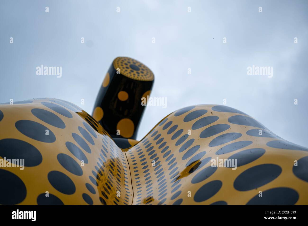 Londra, Regno Unito, 9 luglio 2024, Una nuova scultura su larga scala dell'artista giapponese Yayoi Kusama è stata inaugurata vicino al Round Pond nei Kensington Gardens. Sarà in mostra fino al 3 novembre 2024. È un ritorno al Serpentine per Kusama dopo aver avuto una mostra retrospettiva nel 2000., Andrew Lalchan Photography/Alamy Live News Foto Stock