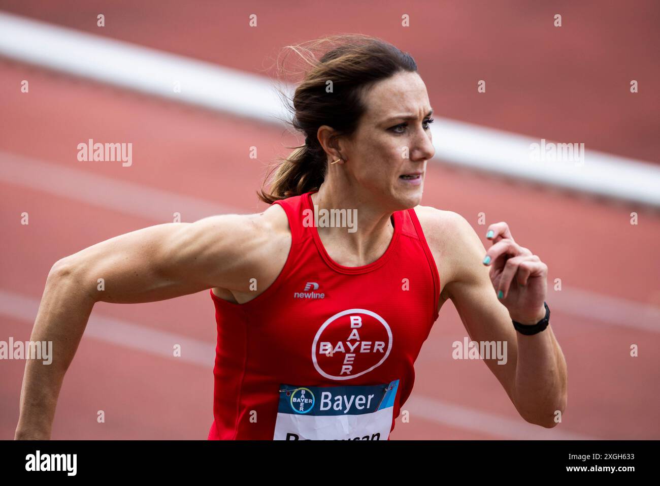 Leverkusen, ManforterStadion 08.07.2024: Irmgard Bensusan (Leverkusen) über 200m Sprint beim Heimspiel a Leverkusen. Foto Stock