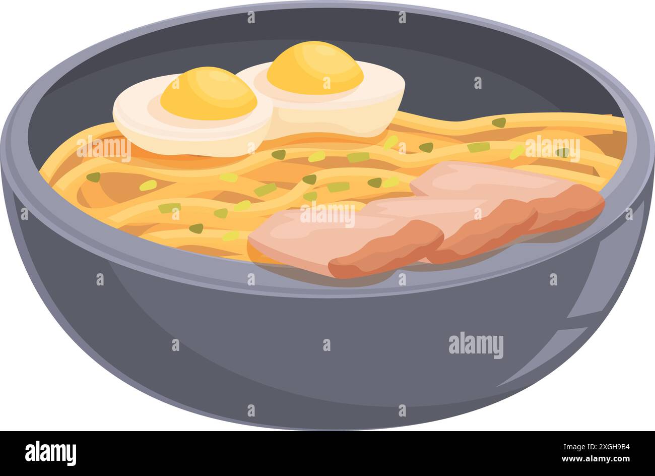 Una deliziosa ciotola di noodle di ramen viene servita con uova e carne Illustrazione Vettoriale