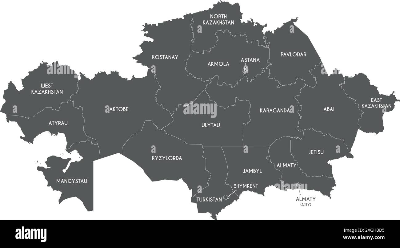 Mappa vettoriale del Kazakistan con regioni, città indipendenti e divisioni amministrative. Livelli modificabili ed etichettati in modo chiaro. Illustrazione Vettoriale