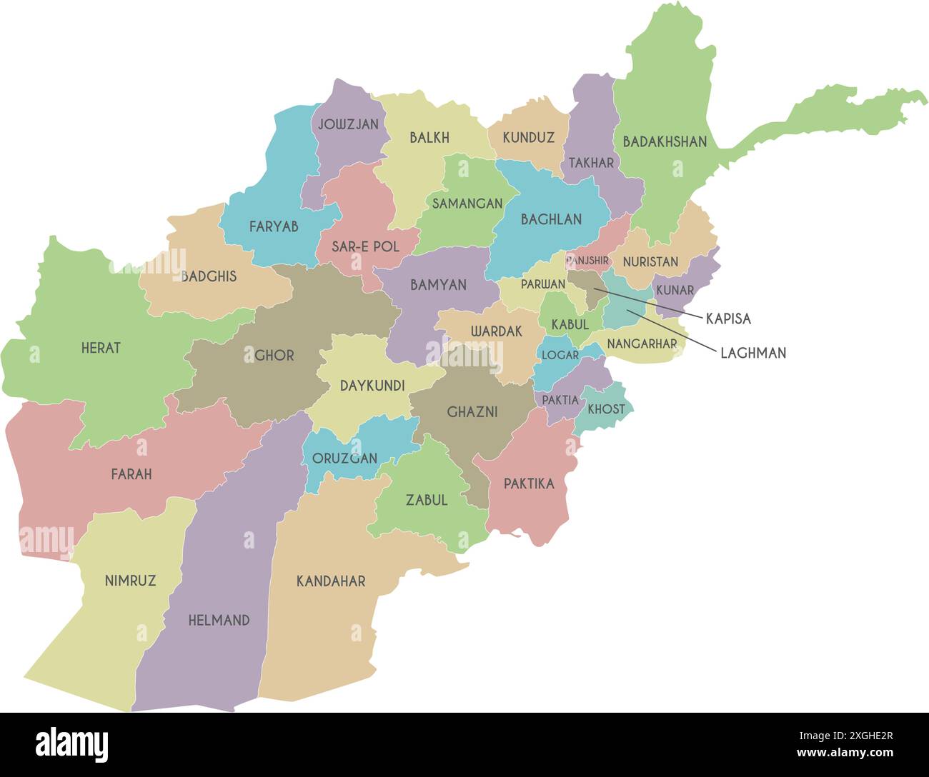 Mappa regionale vettoriale dell'Afghanistan con province o territori e divisioni amministrative. Livelli modificabili ed etichettati in modo chiaro. Illustrazione Vettoriale