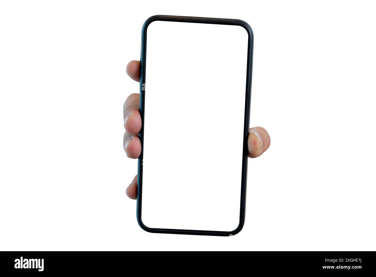 La mano di un uomo che tiene uno smartphone nero isolato sul bianco. Dispositivi mobili, smartphone e touch screen. Foto Stock