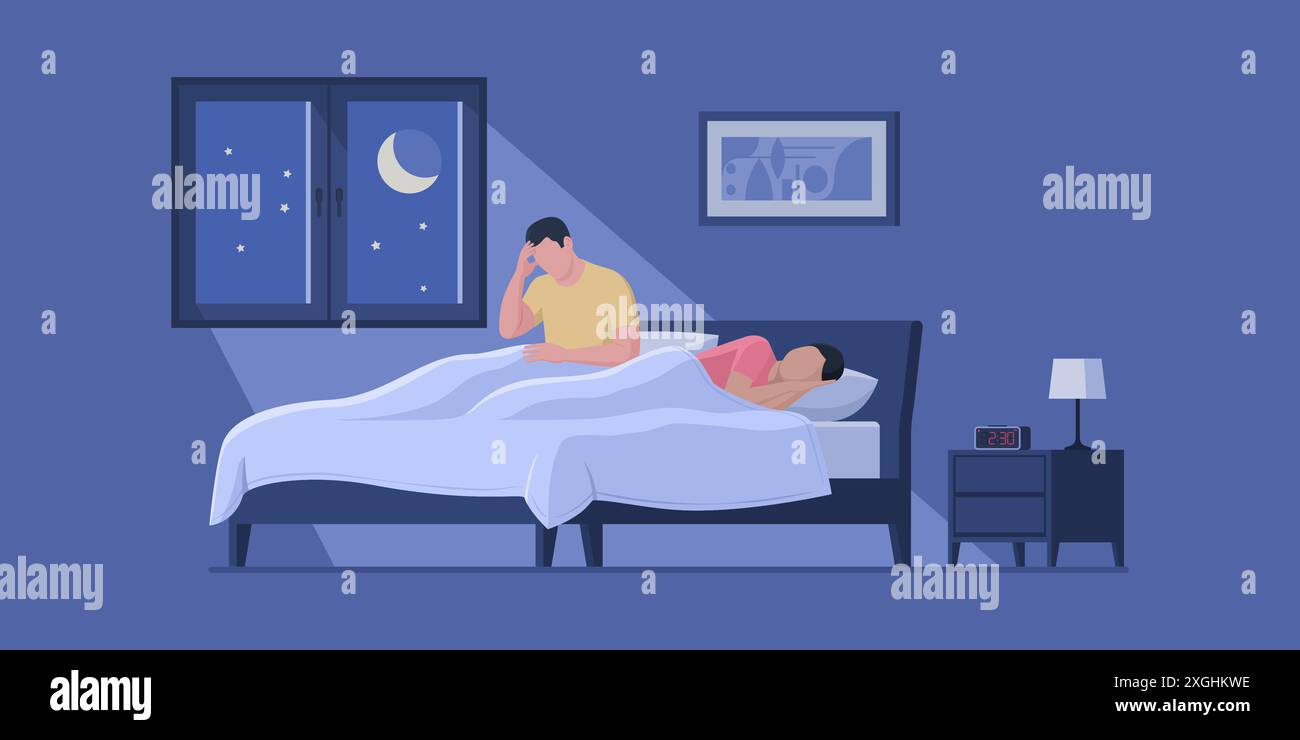 Uomo stressato soffre di insonnia, sua moglie sta dormendo accanto a lui Illustrazione Vettoriale