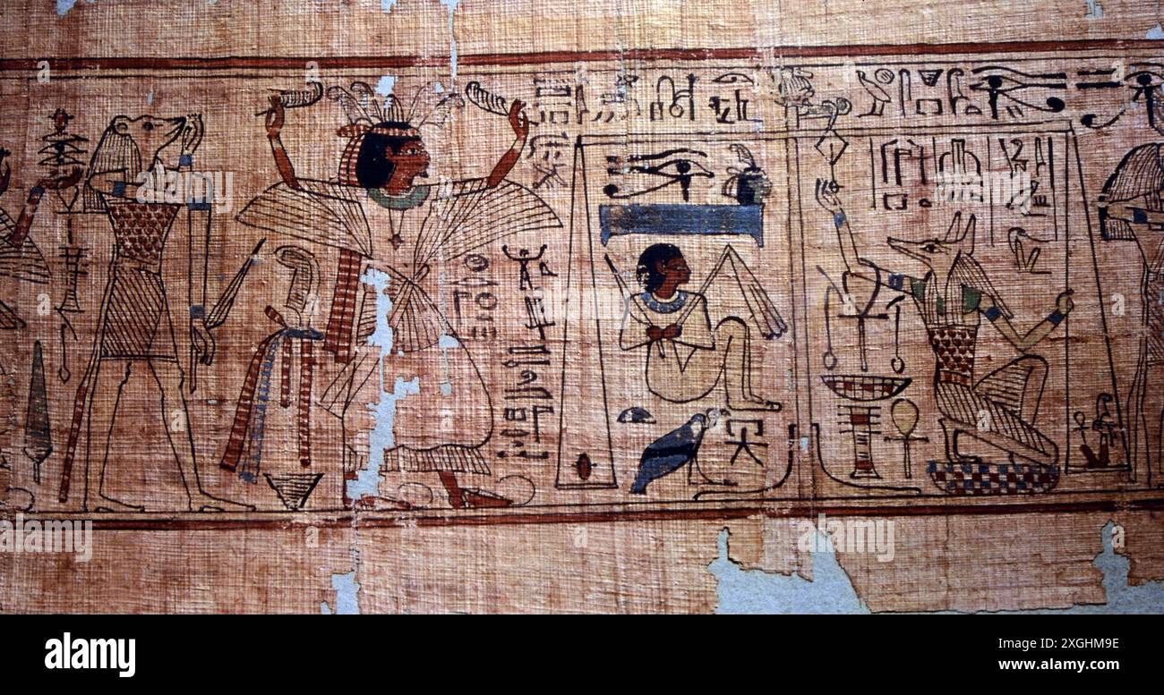 Le belle arti, l'Egitto, la pittura, il sacerdote danzante e il peso del cuore di un morto per Dio Anubis, il COPYRIGHT DELL'ARTISTA NON DEVE ESSERE CANCELLATO Foto Stock