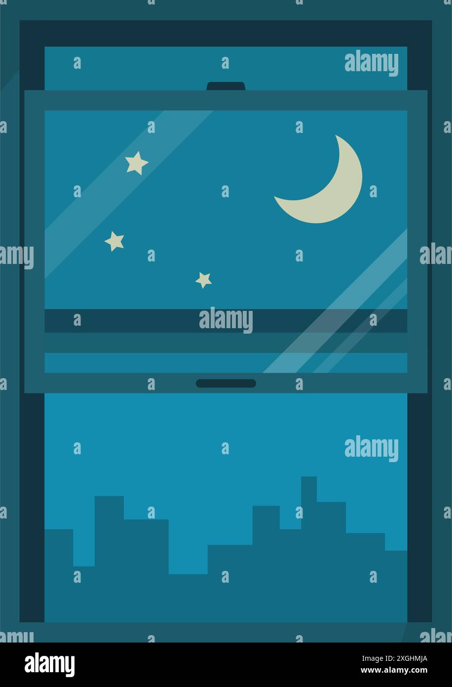 Finestra aperta, cielo notturno e vista sulla città, isolata Illustrazione Vettoriale