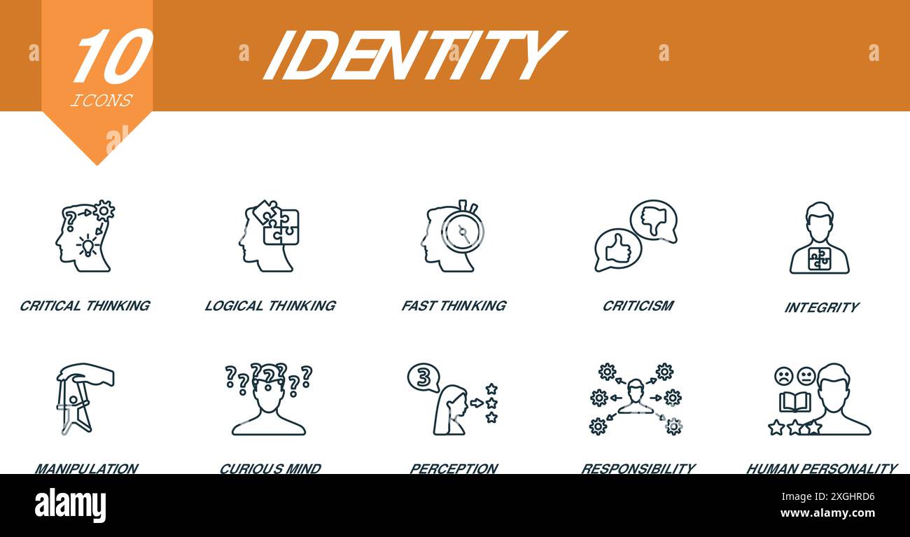 Set di icone profilo identità. Icone creative: Pensiero critico, pensiero logico, pensiero veloce, critica, integrità, manipolazione, mente curiosa Illustrazione Vettoriale