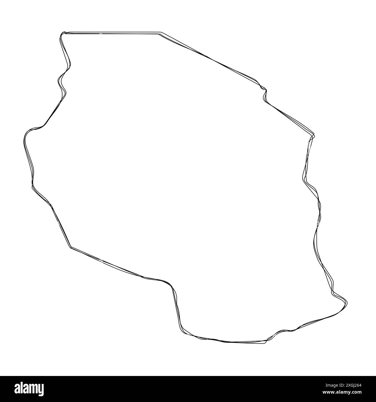 Mappa semplificata del paese della Tanzania. Contorno sottile dello schizzo a matita tripla isolato su sfondo bianco. Semplice icona vettoriale Illustrazione Vettoriale