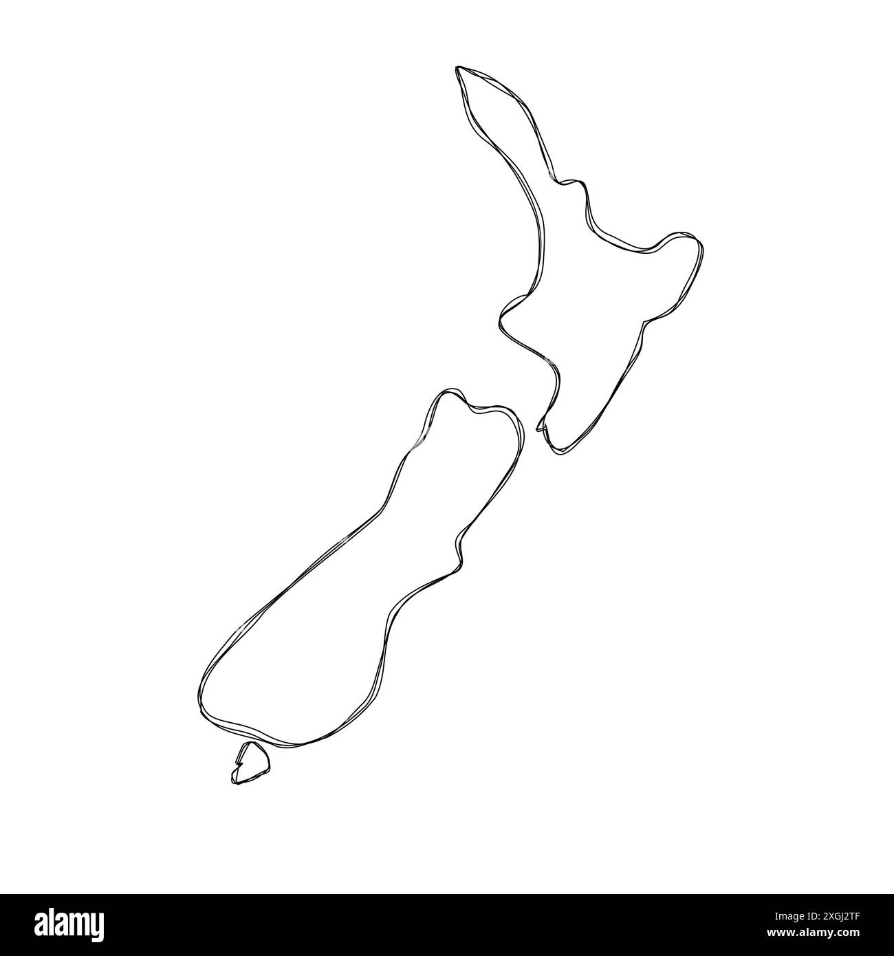 Mappa semplificata del paese della nuova Zelanda. Contorno sottile dello schizzo a matita tripla isolato su sfondo bianco. Semplice icona vettoriale Illustrazione Vettoriale