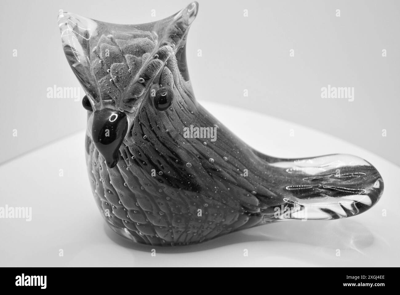 Figurina di Gufo di vetro bianco e nero su Una superficie bianca Foto Stock
