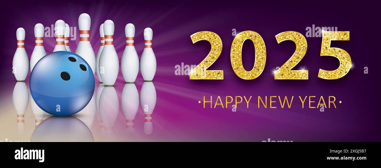2025 Capodanno Golden Bowling pin Deck Banner Ball Bowling bann per la vigilia del bowling di Capodanno 2025. File vettoriale EPS 10. Foto Stock