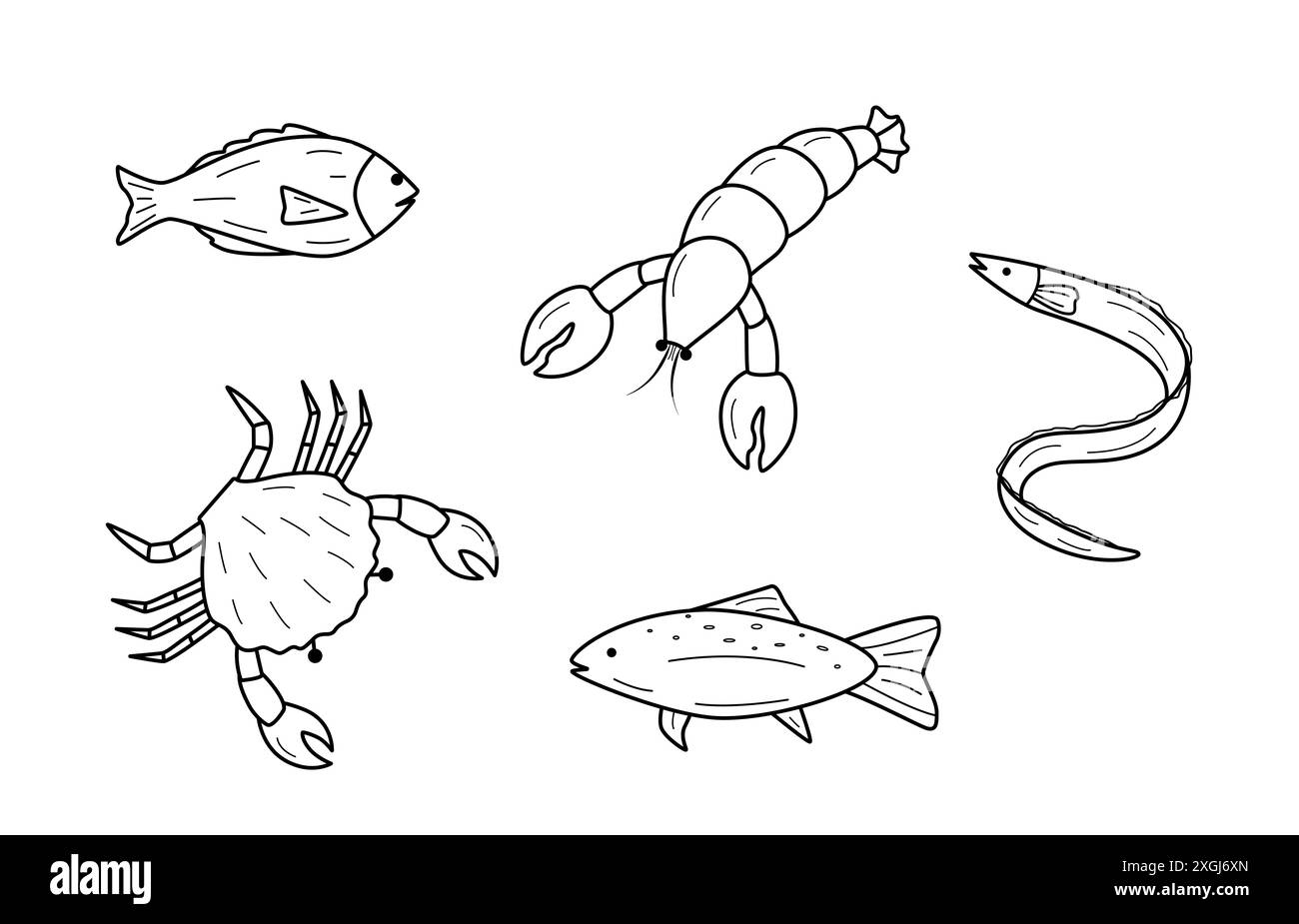Una serie di disegni di cartoni animati di animali marini. Illustrazione vettoriale di pesci, alghe, anguille, granchi, aragosta. Isolato su bianco. Foto Stock