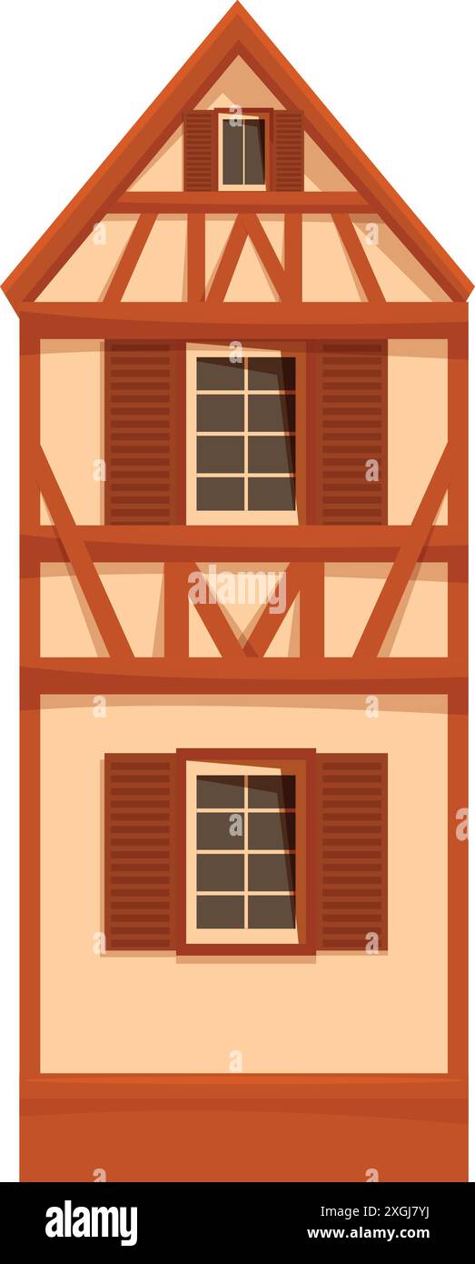 Tradizionale casa tedesca caratterizzata da una costruzione in legno a metà con travi in legno a vista e persiane marroni Illustrazione Vettoriale