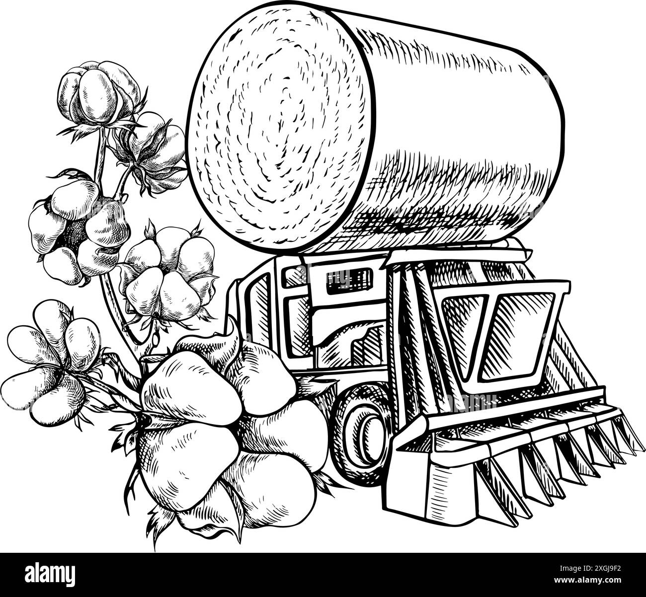 Raccoglitrice di cotone. Illustrazione grafica vettoriale in bianco e nero realizzata a mano. Una composizione stilizzata di una moderna raccoglitrice di cotone utilizzata in agricoltura Illustrazione Vettoriale