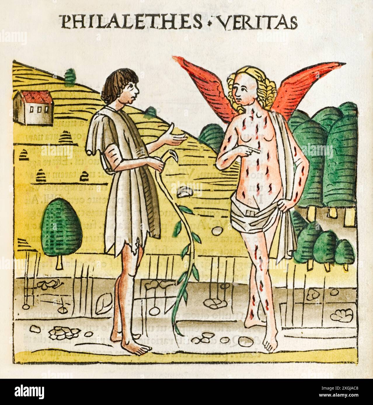 «Philalethes Veritas» stampato stampato a mano da Philalethes di Maffeo Vegio (1407-1458) pubblicato nel 1474 che mostra un amante della verità in discussione con Veritas la Dea della verità che sanguina da molte ferite. Foto Stock