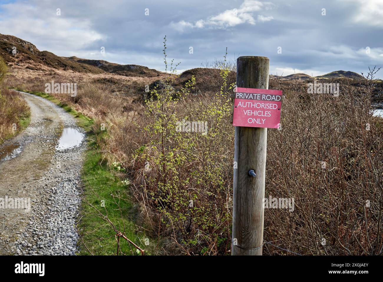 Cartello stradale privato all'inizio della spiaggia di Rhu. Arisaig, Scozia Foto Stock