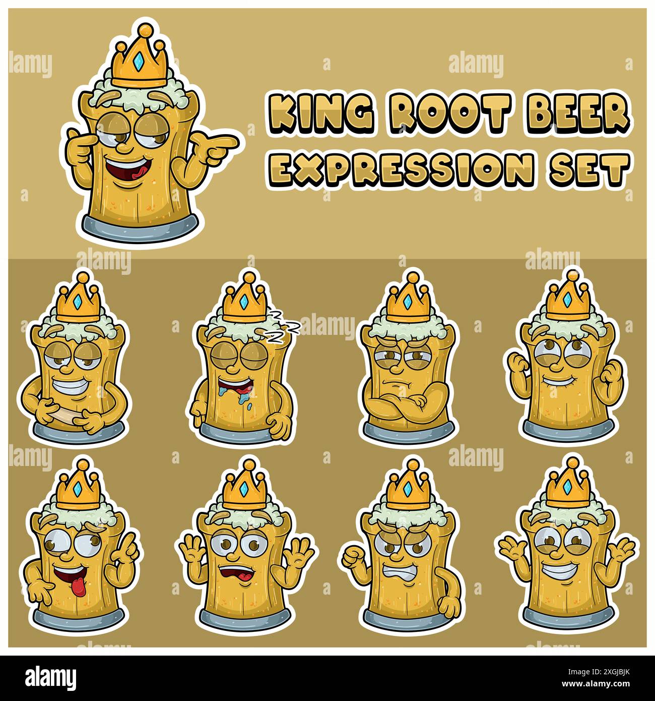 Cartoon Mascot of Root Beer character with king and Expression set. Illustrazione vettoriale Illustrazione Vettoriale