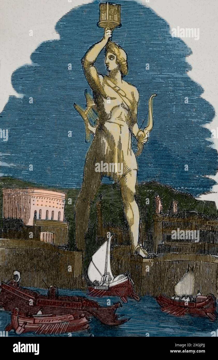 Colosso di Rodi. Sette meraviglie del mondo. xix secolo. Foto Stock