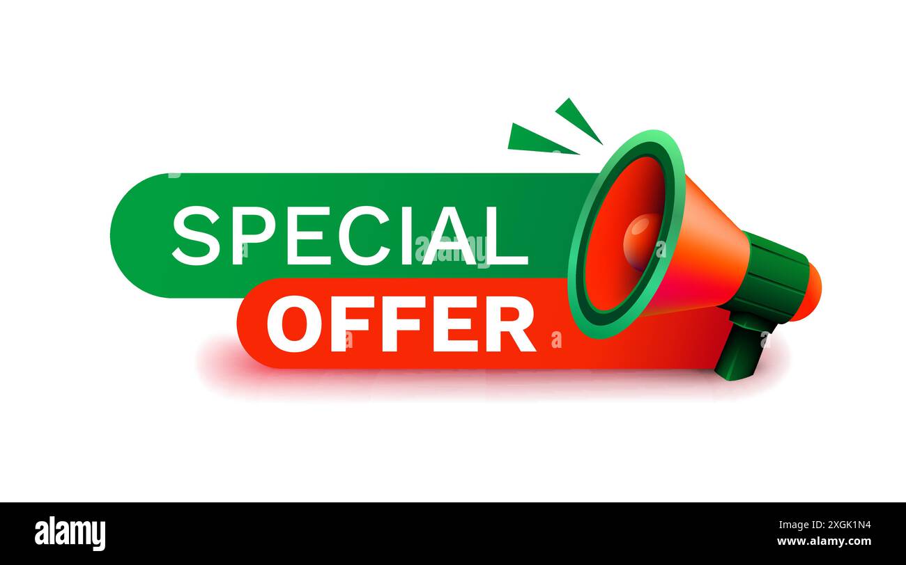 Offerta speciale, adesivo con messaggio megafono. Vettore Illustrazione Vettoriale