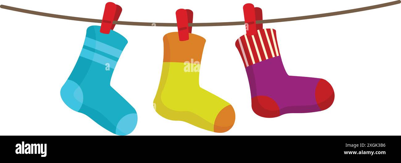 Tre calzini colorati appesi alla clothesline dopo il bucato Illustrazione Vettoriale