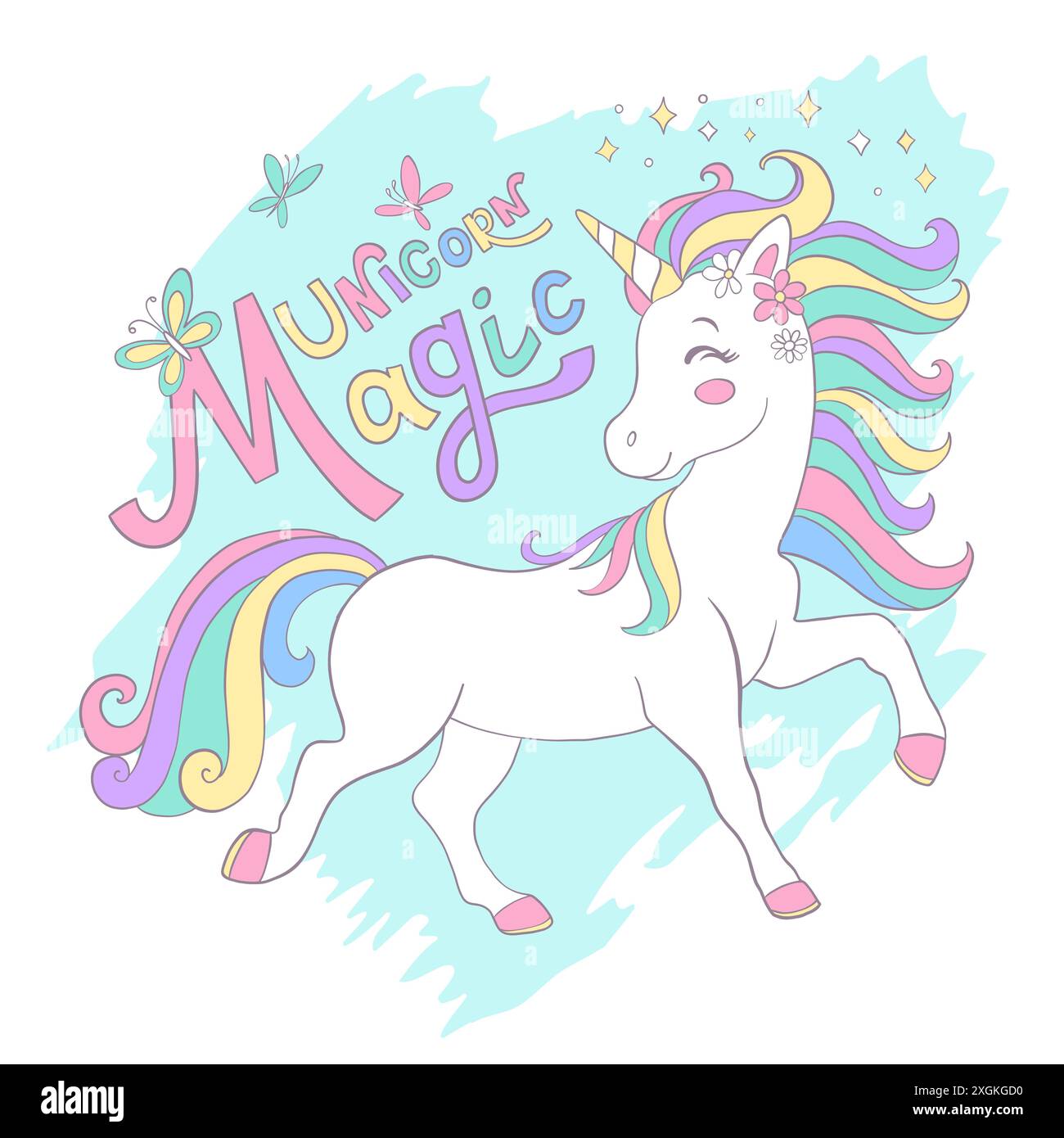 Carino tesserino quadrato dell'unicorno. Scritta Unicorn Magic. Illustrazione vettoriale in colori pastello. Personaggio dei cartoni animati. Design di cartoline e adesivi. Per la stampa, Illustrazione Vettoriale