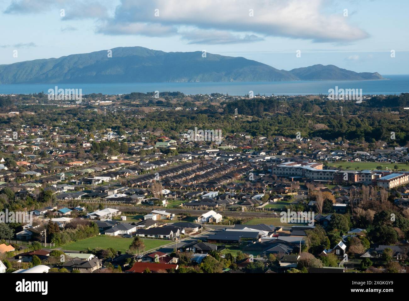 Vista panoramica di Waikanae e dell'Isola di Kapiti, nuova Zelanda Foto Stock