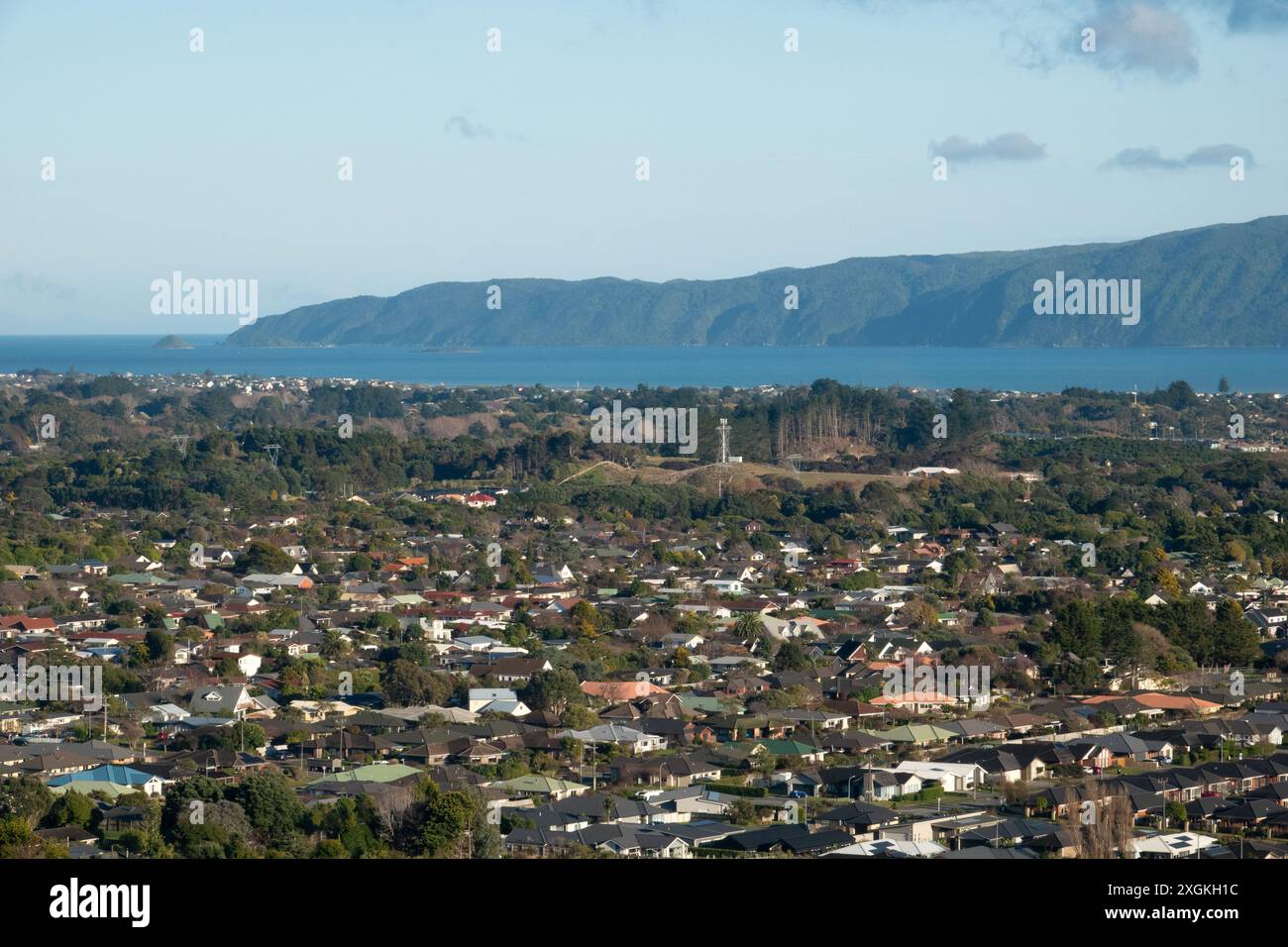 Vista panoramica di Waikanae e dell'Isola di Kapiti, nuova Zelanda Foto Stock