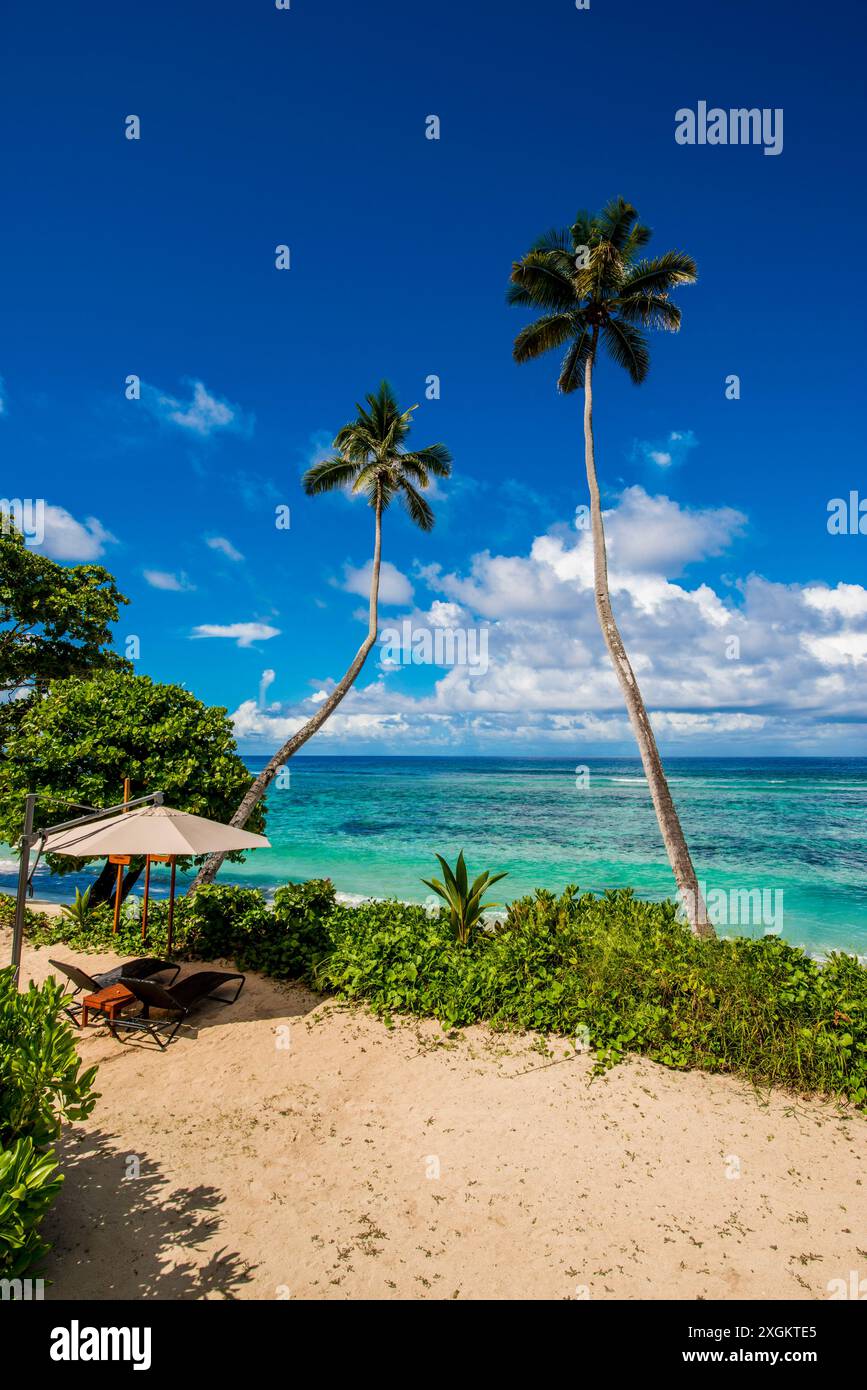 Spiaggia di Anse Forbons all'Hilton DoubleTree Resort & Spa, Mahe, Repubblica delle Seychelles, Oceano Indiano. Foto Stock