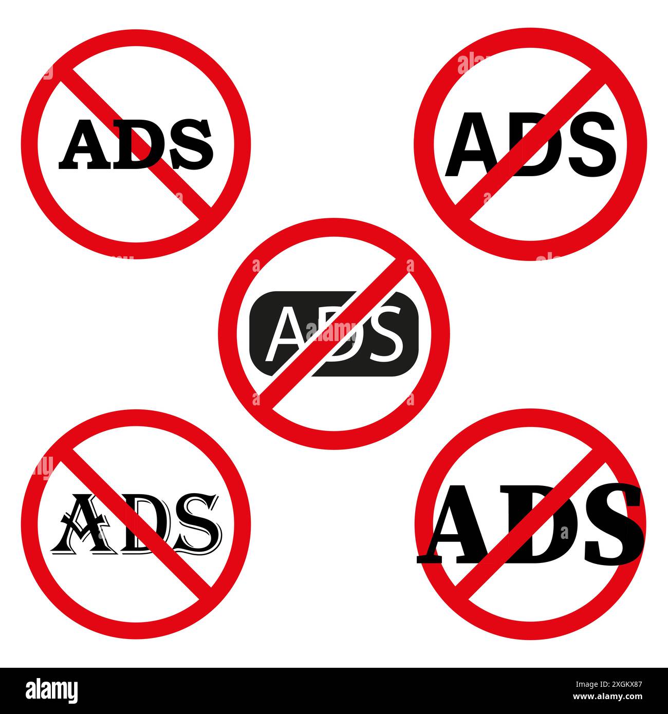 Nessun simbolo pubblicitario. Circoli di divieto rossi. Vari stili. Illustrazione vettoriale. Illustrazione Vettoriale