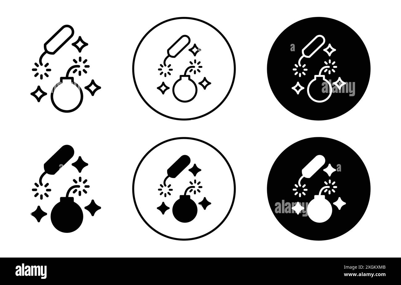 Logo esplosivo con l'icona di un recacker, contorno vettoriale in bianco e nero Illustrazione Vettoriale