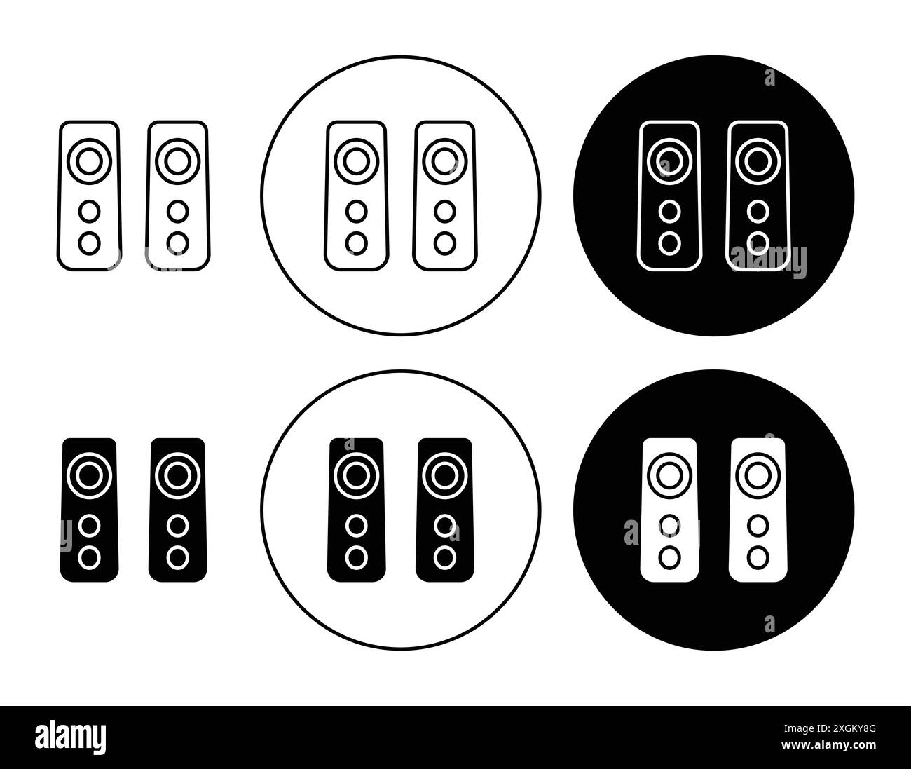 Due altoparlanti stereo icona logo segno vettoriale contorno in bianco e nero Illustrazione Vettoriale