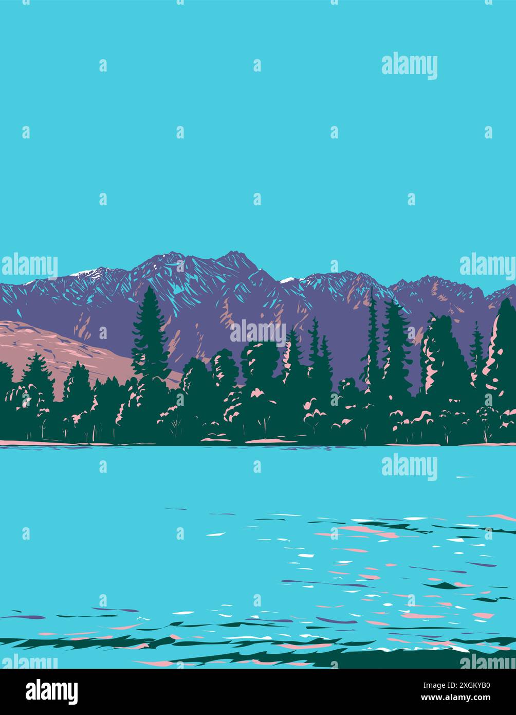 Poster art WPA della catena montuosa Remarkables nelle Alpi meridionali vista da Queenstown, Otago, Isola del Sud della nuova Zelanda realizzato in progetto Works Illustrazione Vettoriale